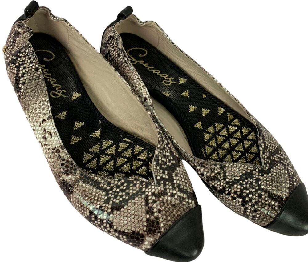Size 8M Seecaas Women's Shoe Leather Snakeskin Print Black Cap Toe Flats